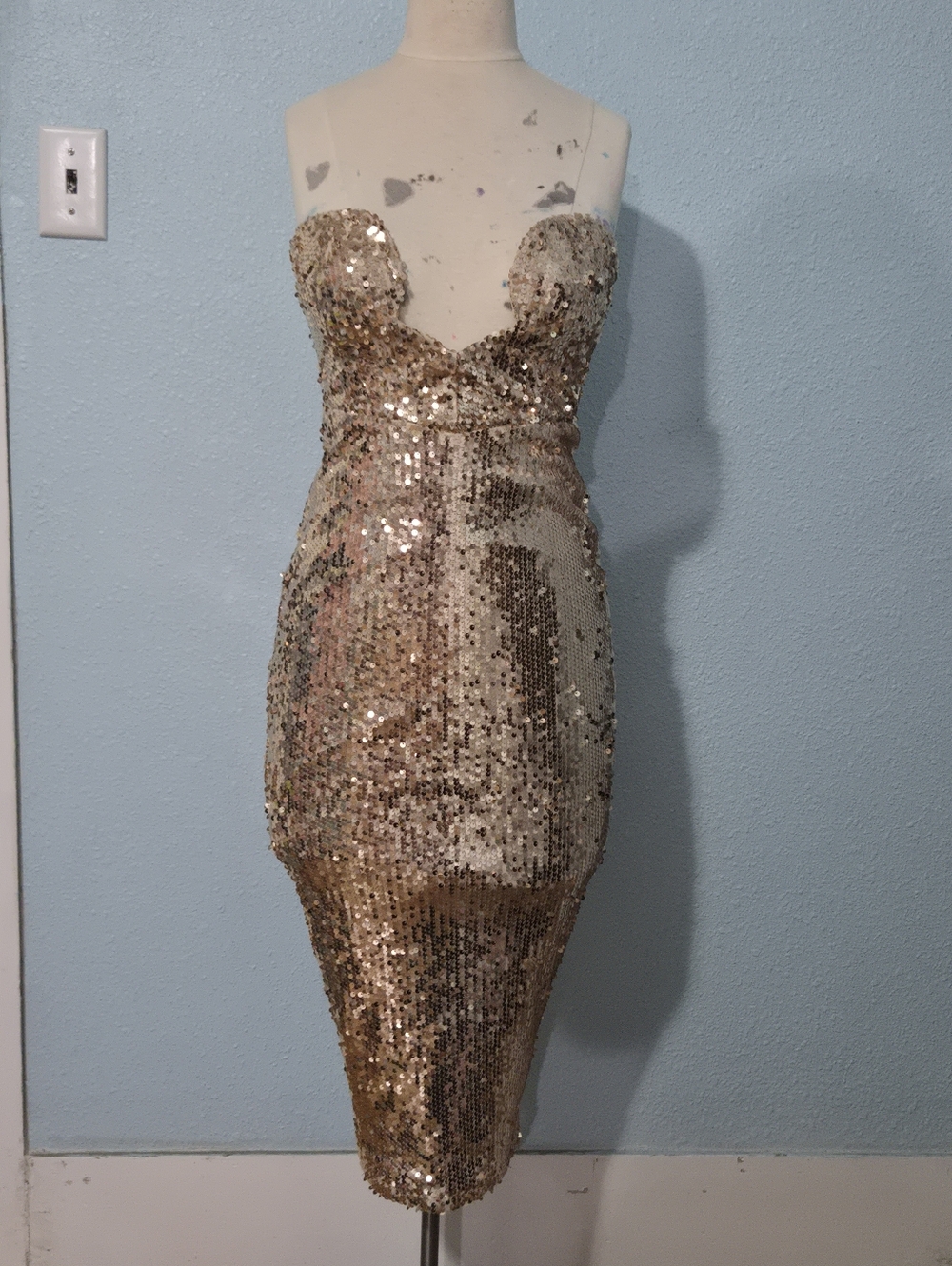 Angel Biba Gold Sequin Strapless Bodycon Dress